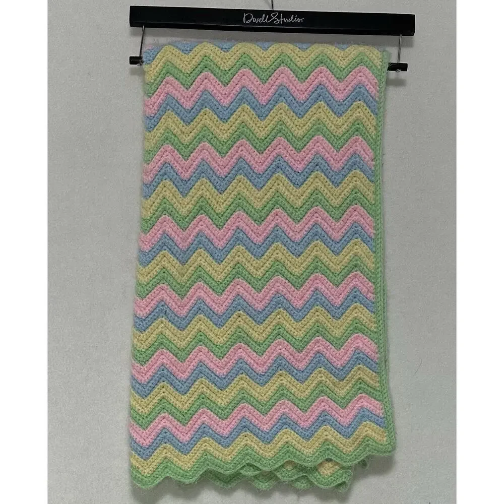Afghan Chevron Handmade Throw Blanket Crochet Knit Lap Baby 40x40 Boho Cottage